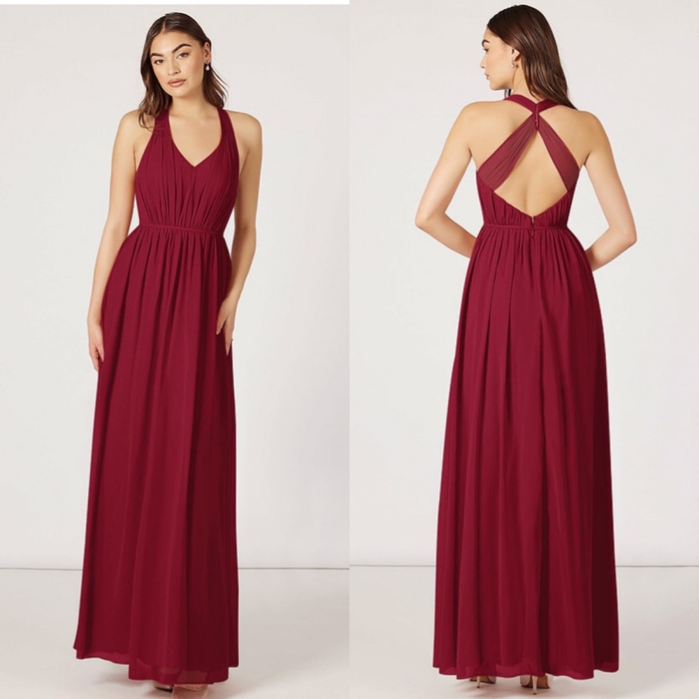 Azazie Burgundy Nikka Bridesmaid Dress in Halter Top Grecian Style Chiffon Sz 6